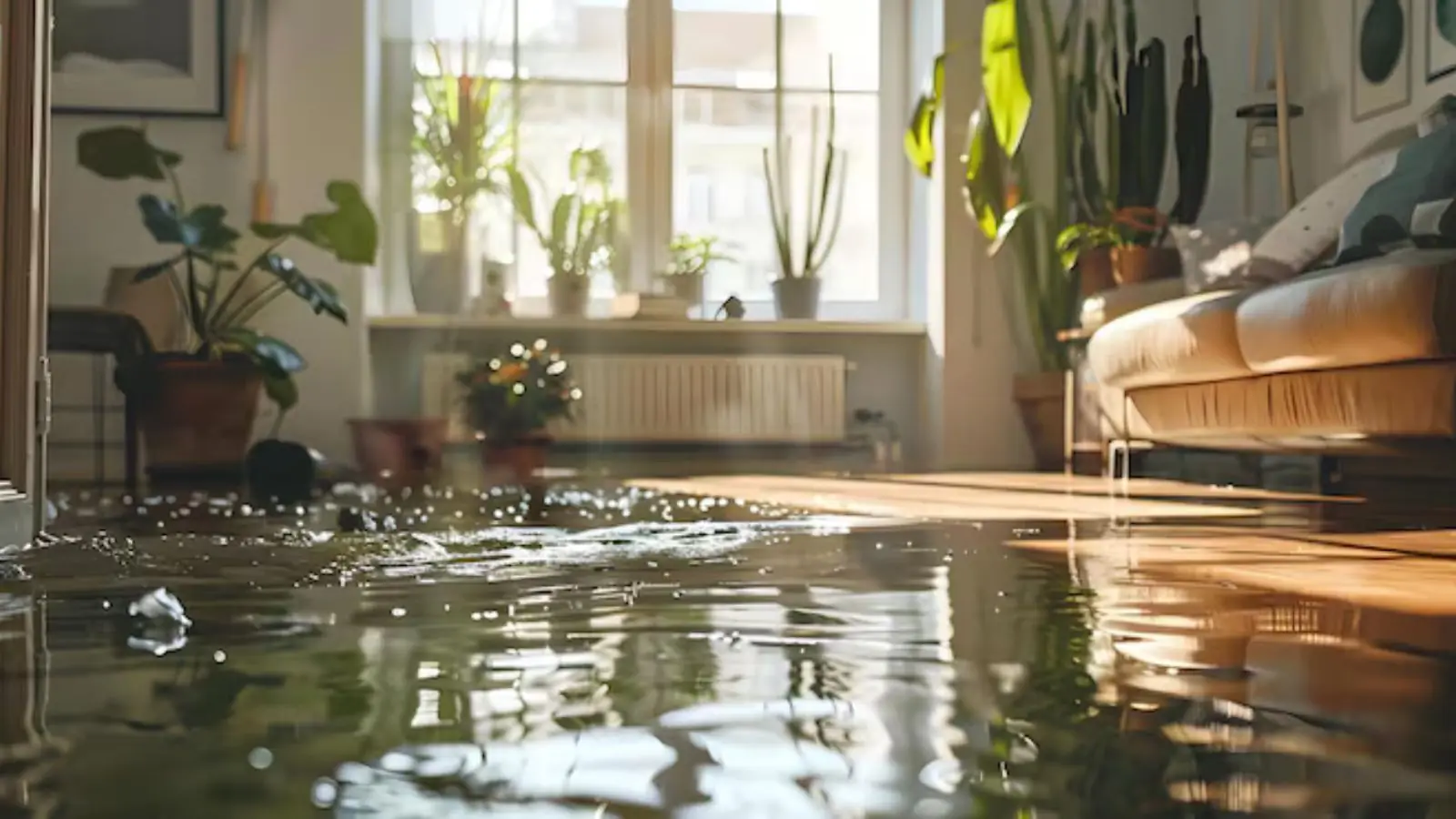 Water pooled across the floor of a living room with a sofa and houseplants